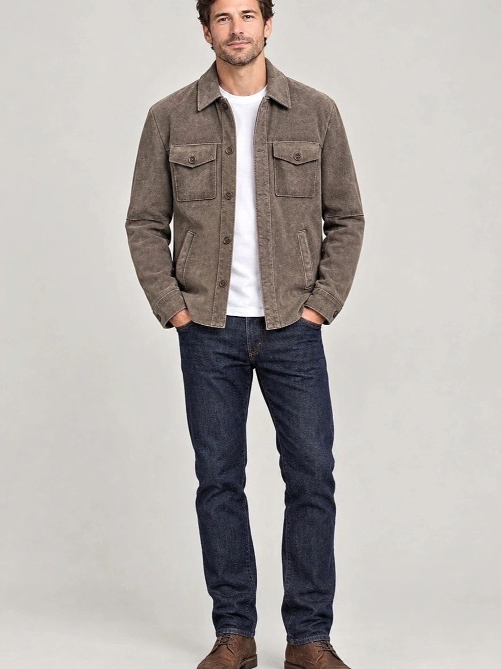 Milestone Suede Leather Shirt Jacket Overshirt Taupe Plaid Lined Men’s 50 / M